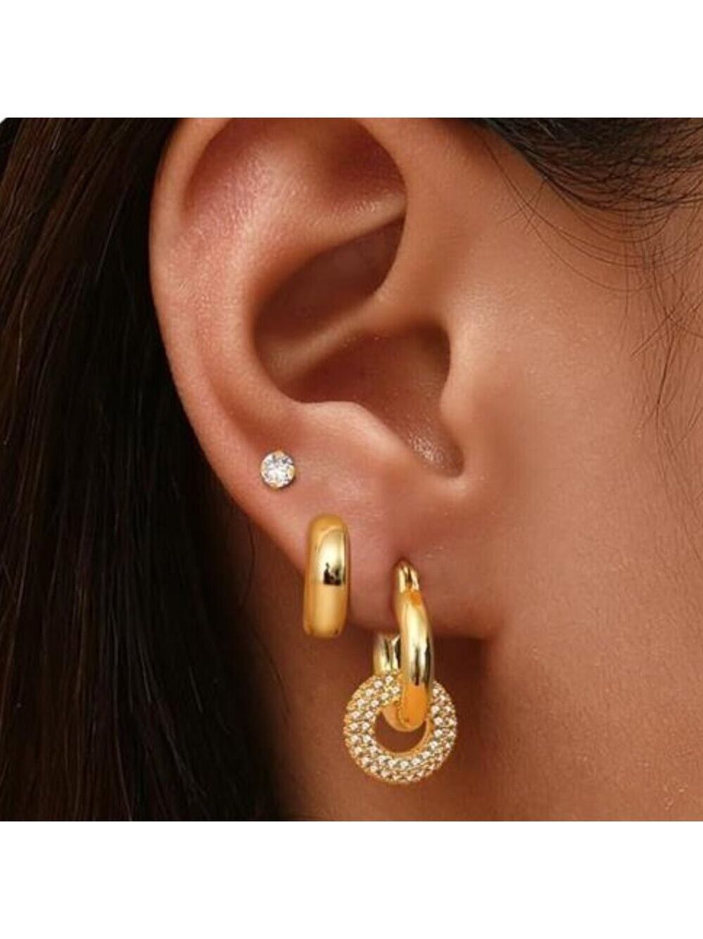 3 Pairs 14K Gold Plated Stackable Earrings Set Huggie Hoop Earrings - Picture 1 of 7